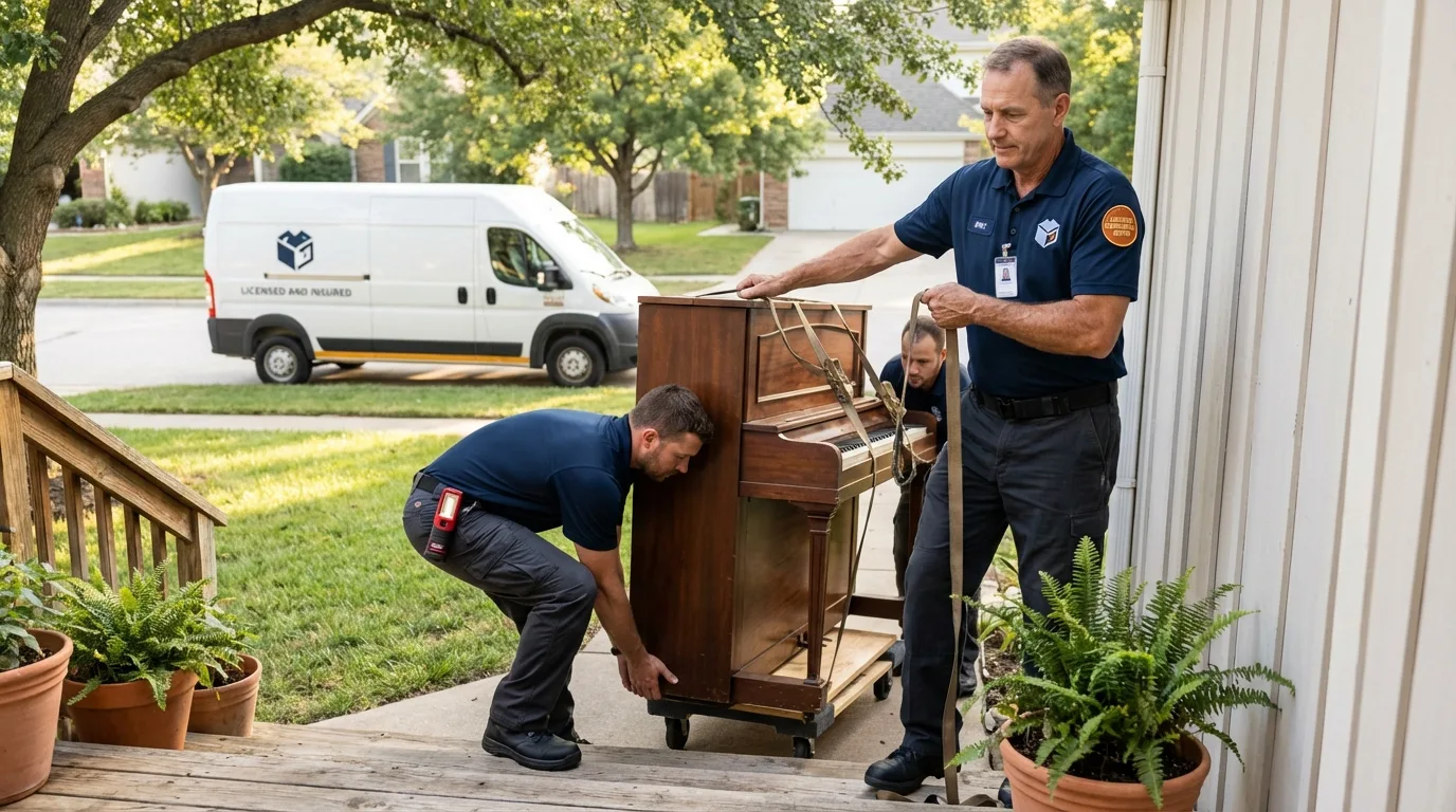 Licensed piano movers securing grand piano in Colebrook, NH
