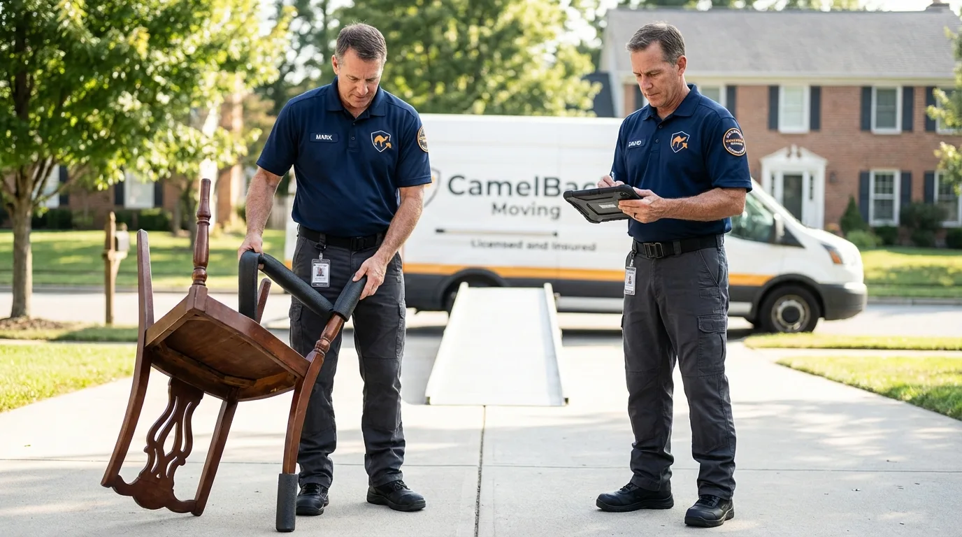 Movers inspecting furniture for damage prevention before loading in Colebrook, NH