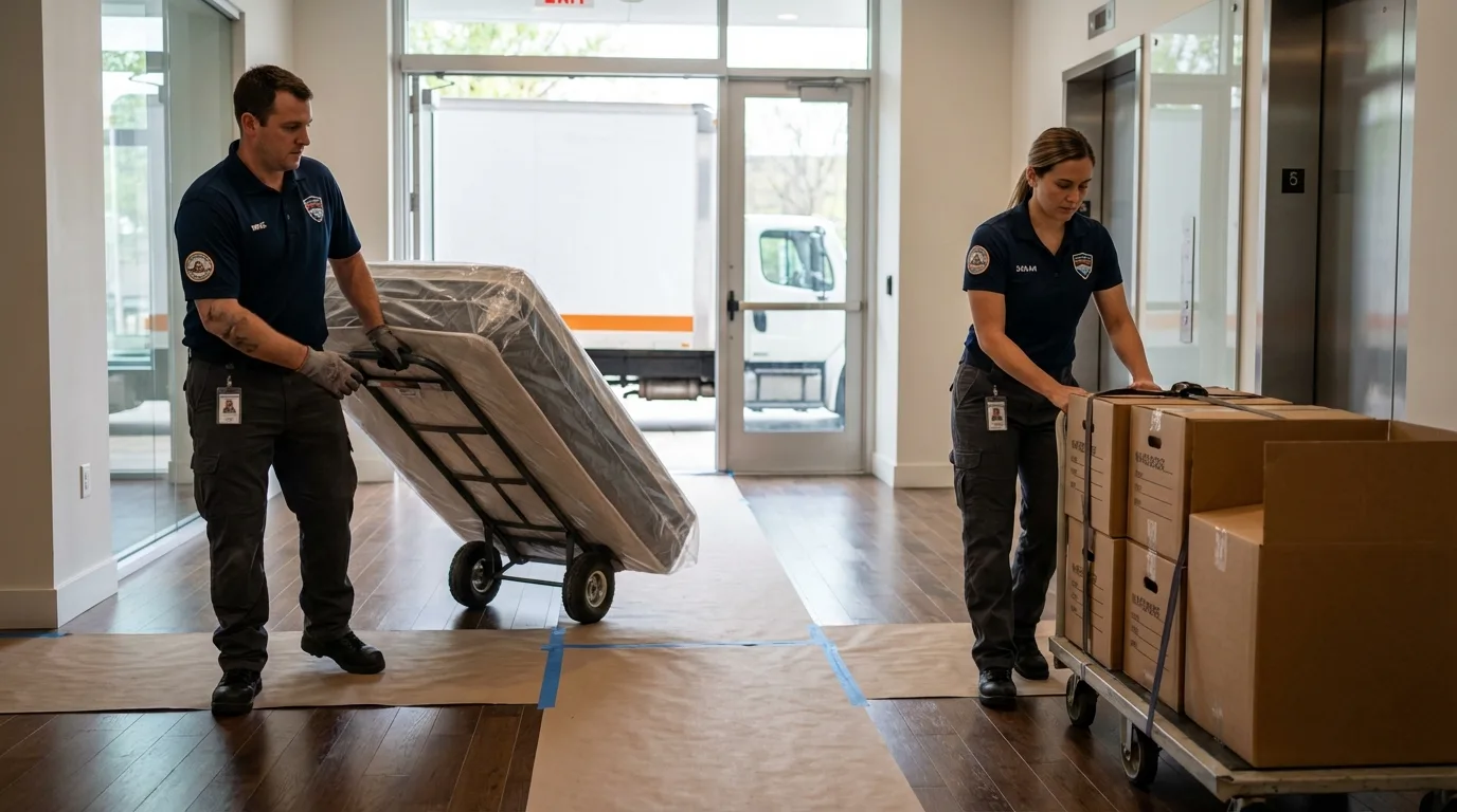 Professional apartment movers loading elevator in Colebrook, NH