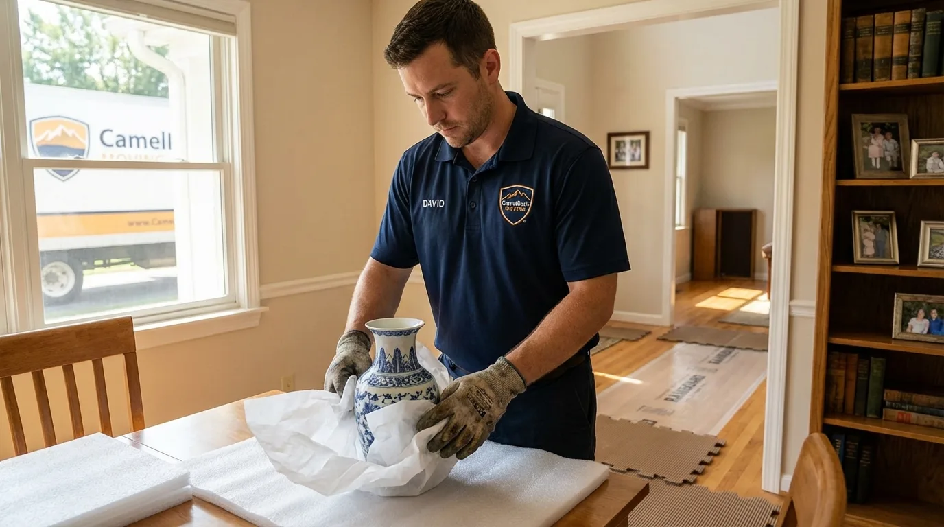 Professional crew carefully wrapping antique vase for senior downsizing move in Colebrook, NH