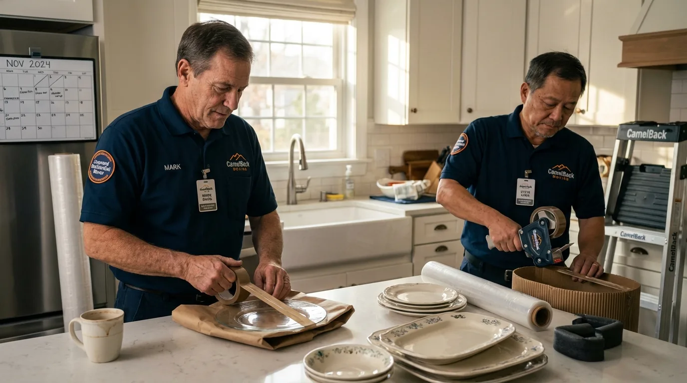 Professional crew packing kitchen dishware in Colebrook, NH